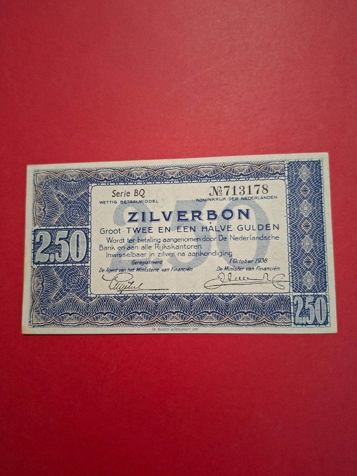 2,5 gulden Zilverbon uit 1938 in PR-, Ophalen of Verzenden, 2½ gulden, Los biljet