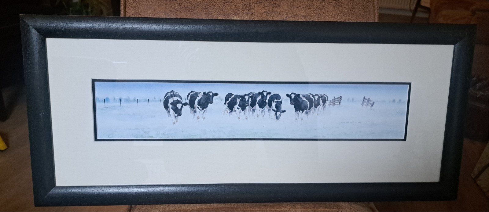 Koeienschilderij/ aquarel van Wiebe van der Zee - 56 x 11 cm, Nederlandse school, Dieren, Ophalen of Verzenden, Gesigneerd
