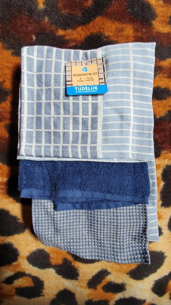 3-Delig Blauwe AH Keukentextiel Set: 2xTheedoek & 1xHanddoek, Ophalen of Verzenden, Nieuw, Blauw, Theedoek of Handdoek