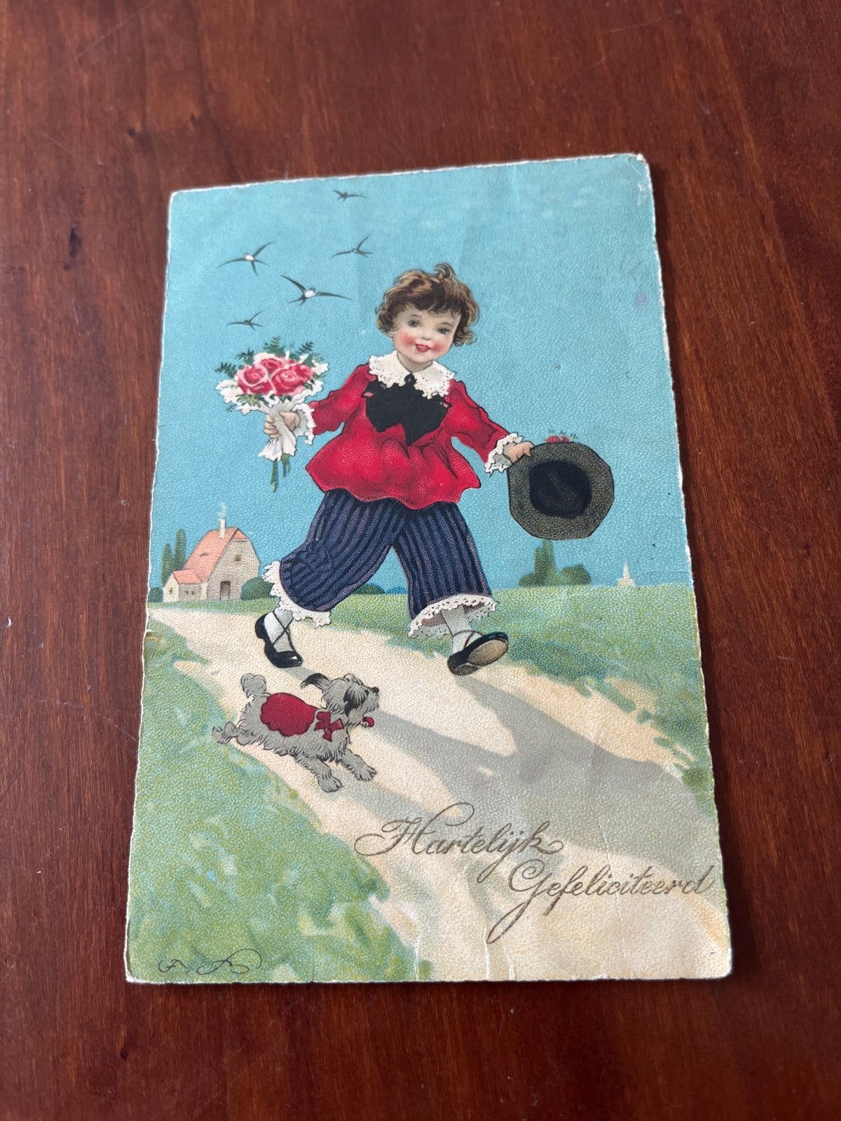 Oude Ansichtkaart: Hartelijk Gefeliciteerd, Jongen met Hond, Ophalen of Verzenden, 1920 tot 1940, Gelopen