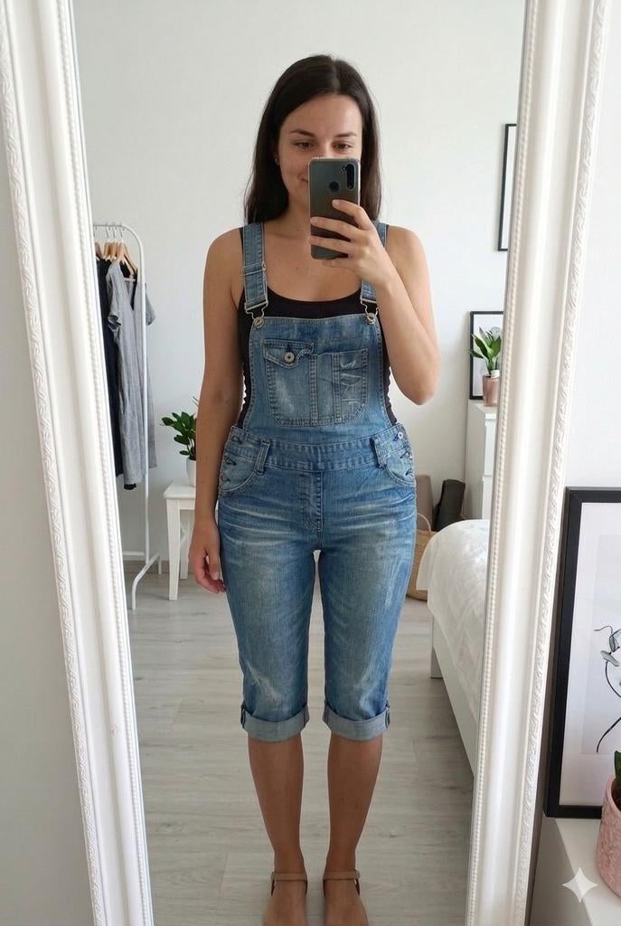 Leuke spijker salopette knielengte, maat 38, goede staat, Maat 38/40 (M), Blauw, Ophalen of Verzenden, Driekwart