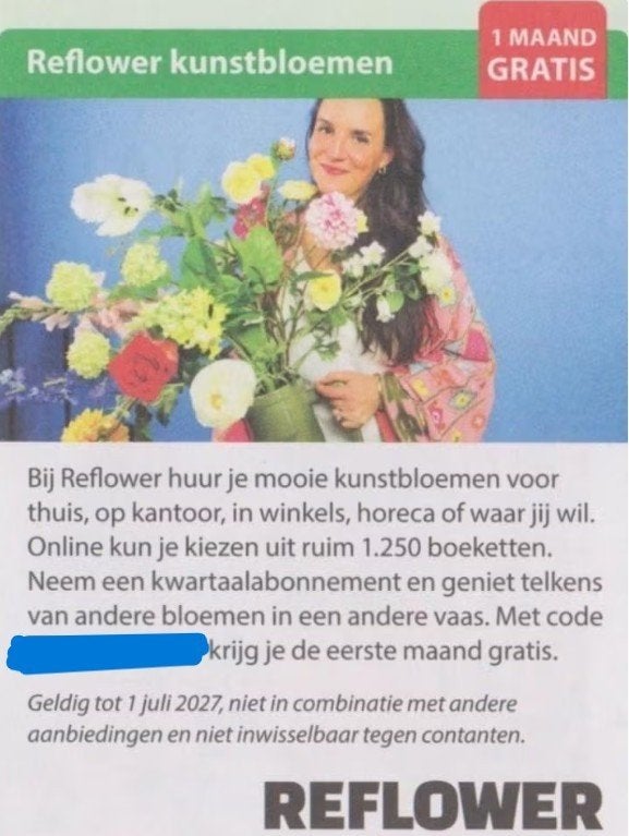 Reflower kunstbloemen - 1 maand gratis, Eén persoon, Kortingsbon, Overige typen