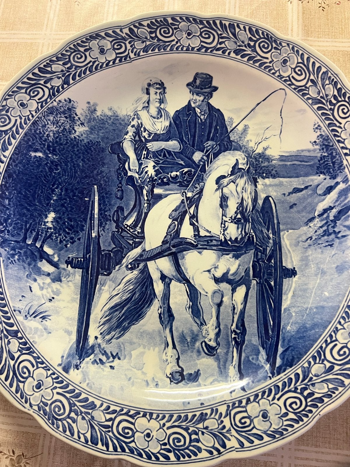 Antiek Delfts blauw bord - Koets met paard, Ophalen