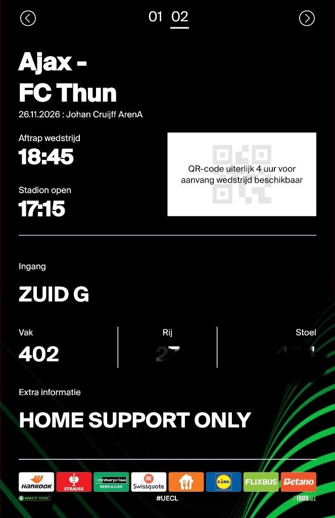 Ajax - fc Thun, Tickets en Kaartjes, Losse kaart, Twee personen, November
