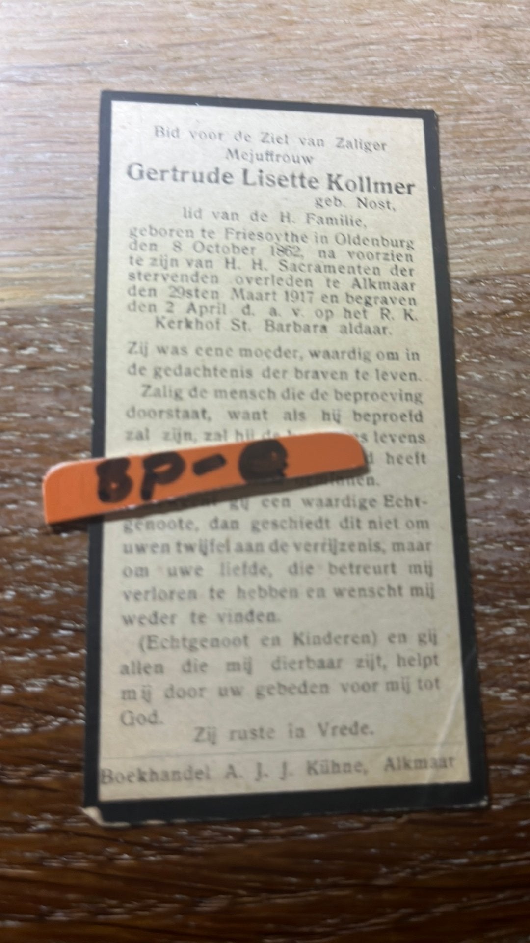 Nost Gertrude Frysoythe Oldenburg 1917 Alkmaar x Köllmer, Verzamelen, Bidprentjes en Rouwkaarten, Ophalen of Verzenden, Bidprentje