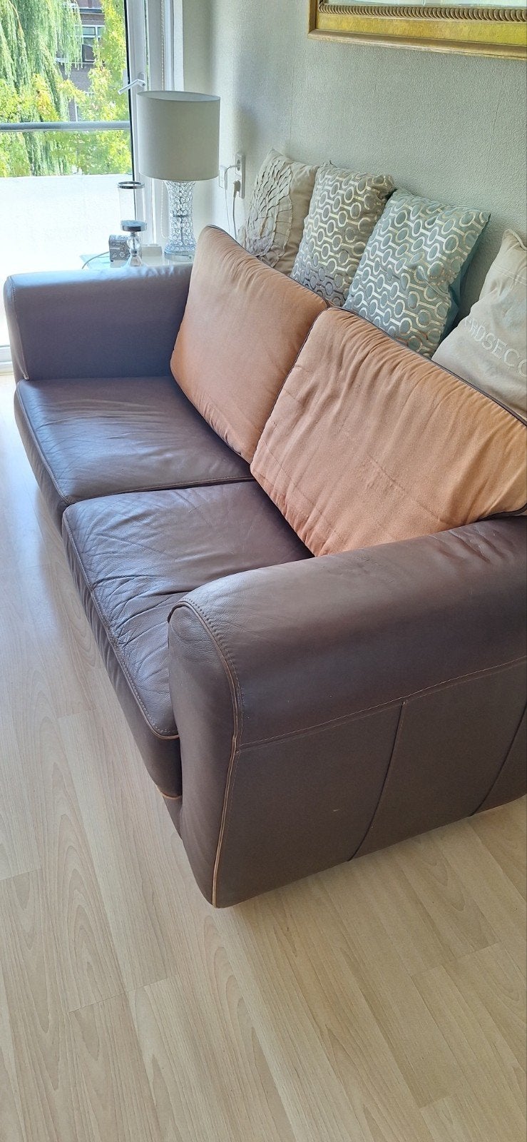 Sterke lerenbank 3 zitter, Huis en Inrichting, Ophalen, Gebruikt, Driepersoons, 200 tot 250 cm