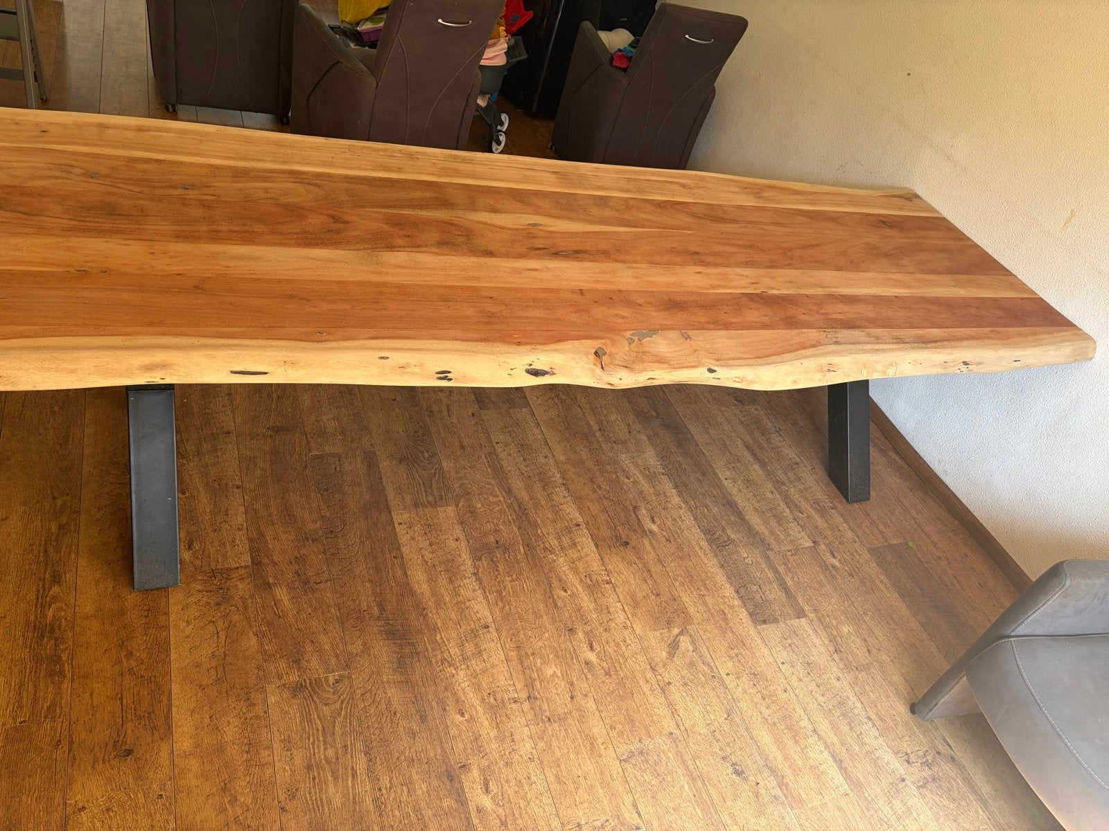 Massieve houten eettafel met metalen onderstel 300cm, Ophalen, 100 tot 150 cm, 200 cm of meer, Zo goed als nieuw