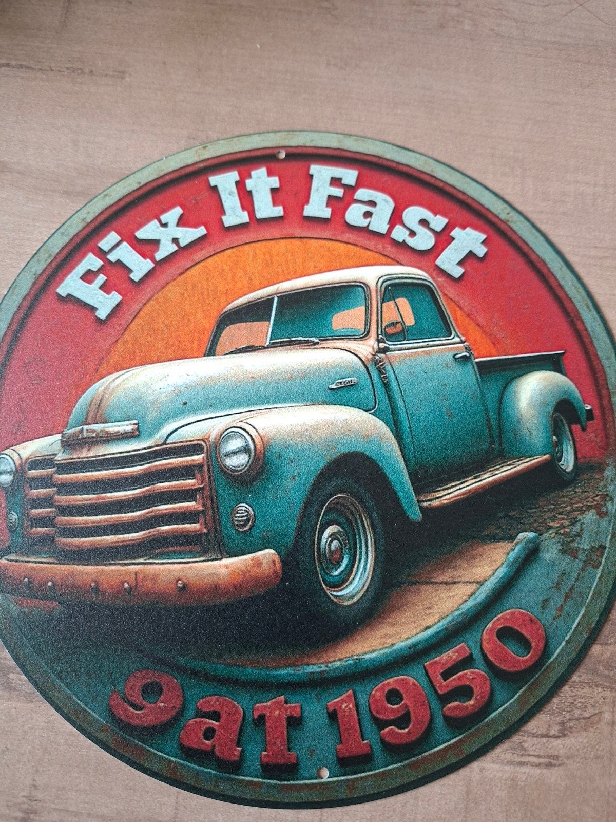 Metalen Bord "Fix It Fast at 1950" met Oude Pick-up Truck, Ophalen of Verzenden