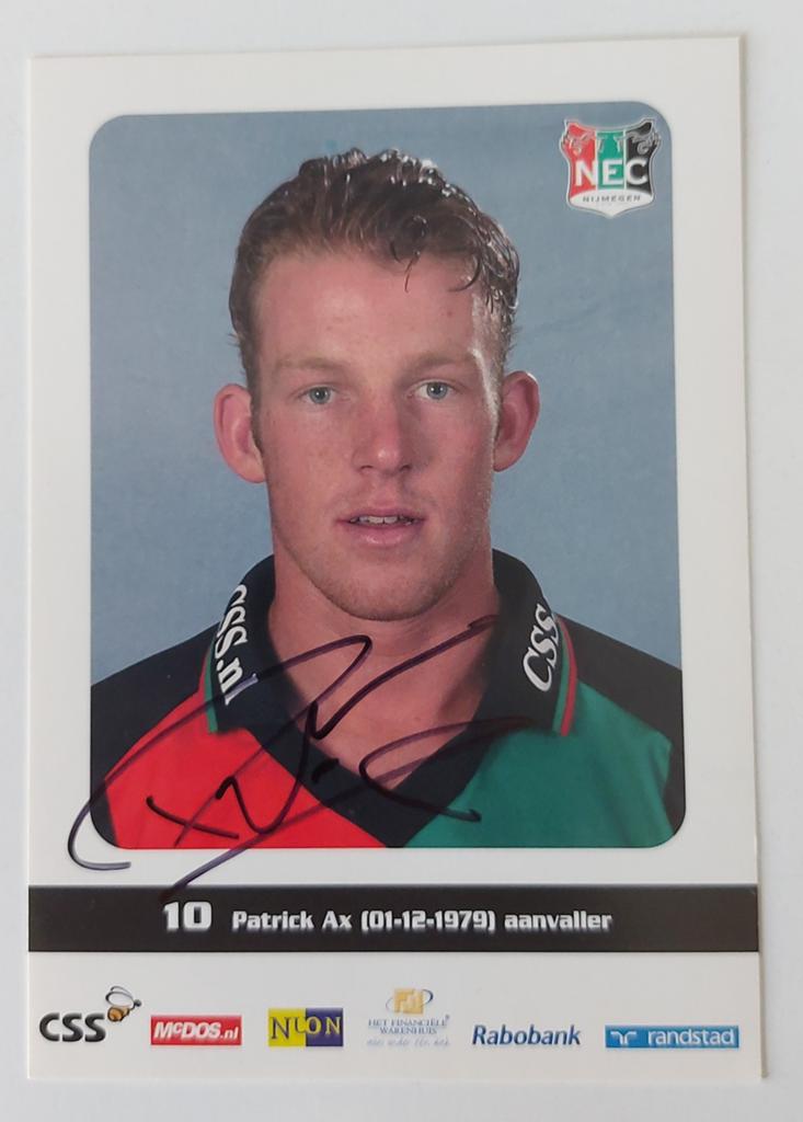 NEC Nijmegen spelerskaart Patrick Ax (gesigneerd), Verzenden, Zo goed als nieuw, Overige binnenlandse clubs, Spelerskaart
