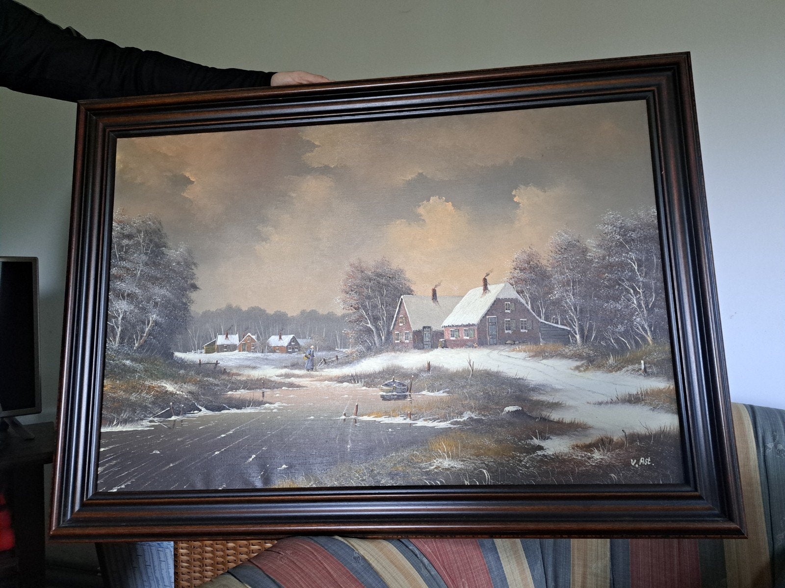 Schilderij V. Ast - Winterlandschap met boerderijen, Ophalen of Verzenden