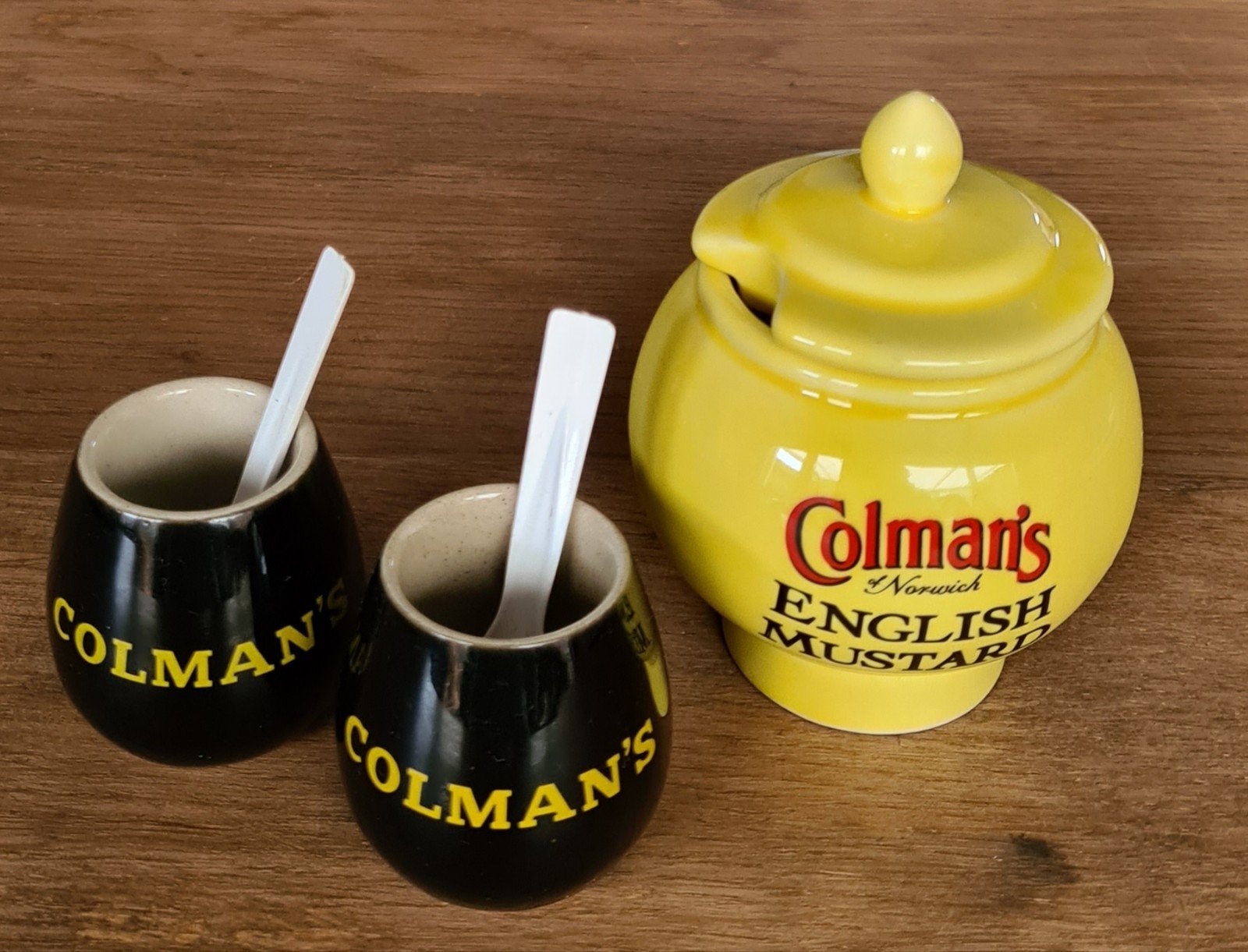 Vintage Colmans mosterdpot en potjes met lepeltjes, Verzamelen, Ophalen, Zo goed als nieuw