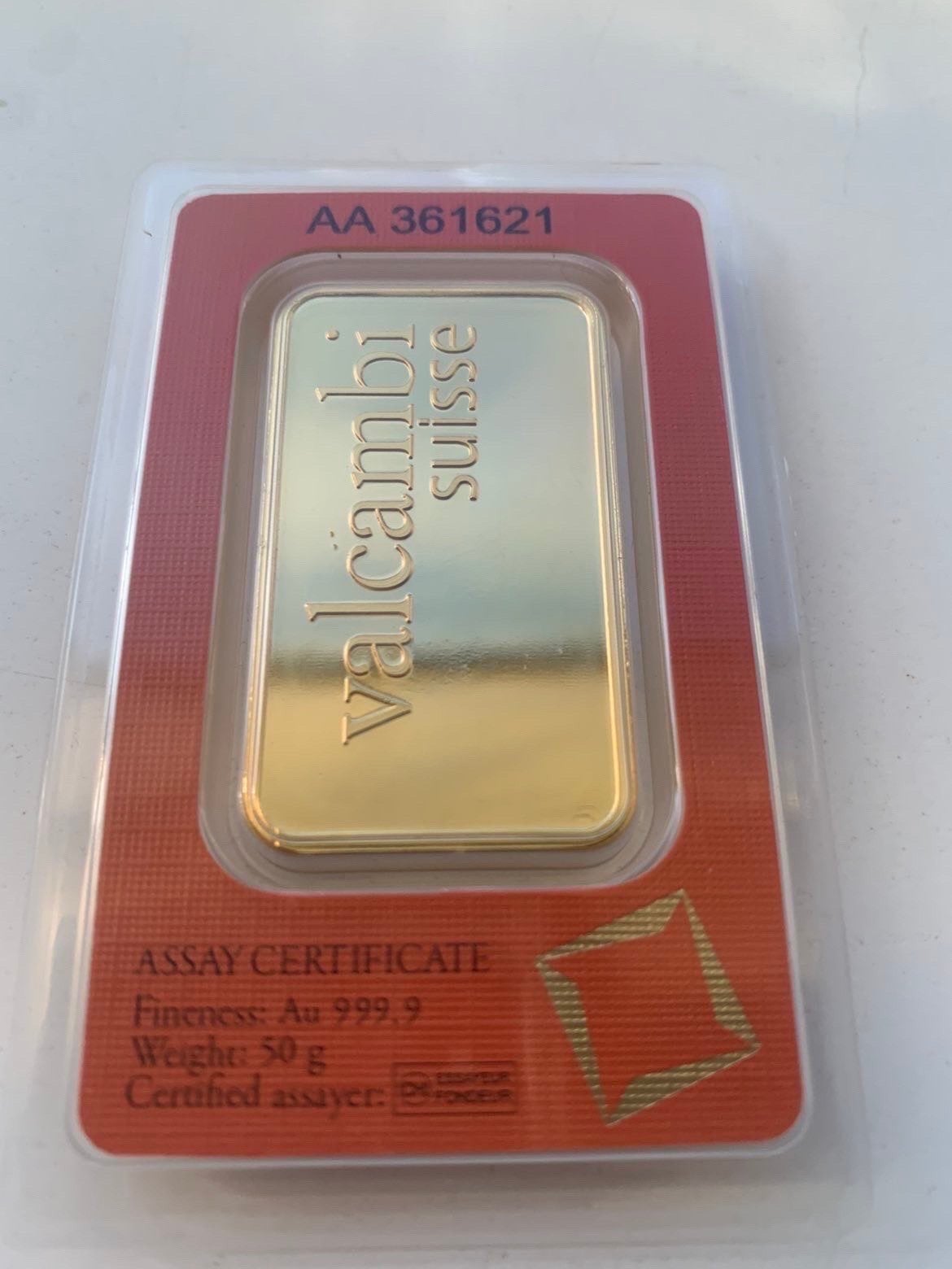 Valcambi Suisse 50g Fijngoud Baar 999.9, Postzegels en Munten, Edelmetalen en Baren, Ophalen of Verzenden, Goud
