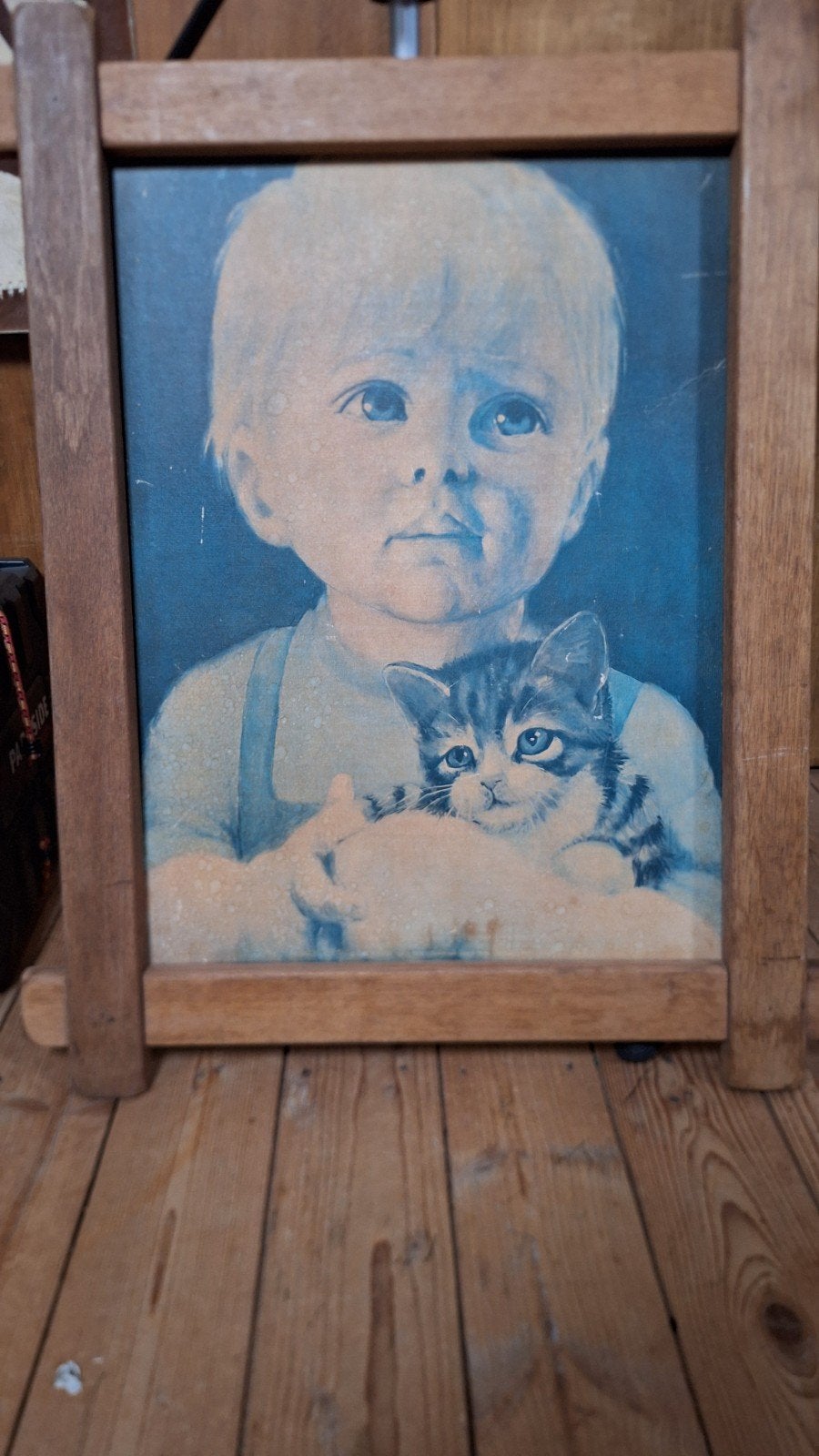 Vintage ingelijste prent: Jongen met kat, Ophalen