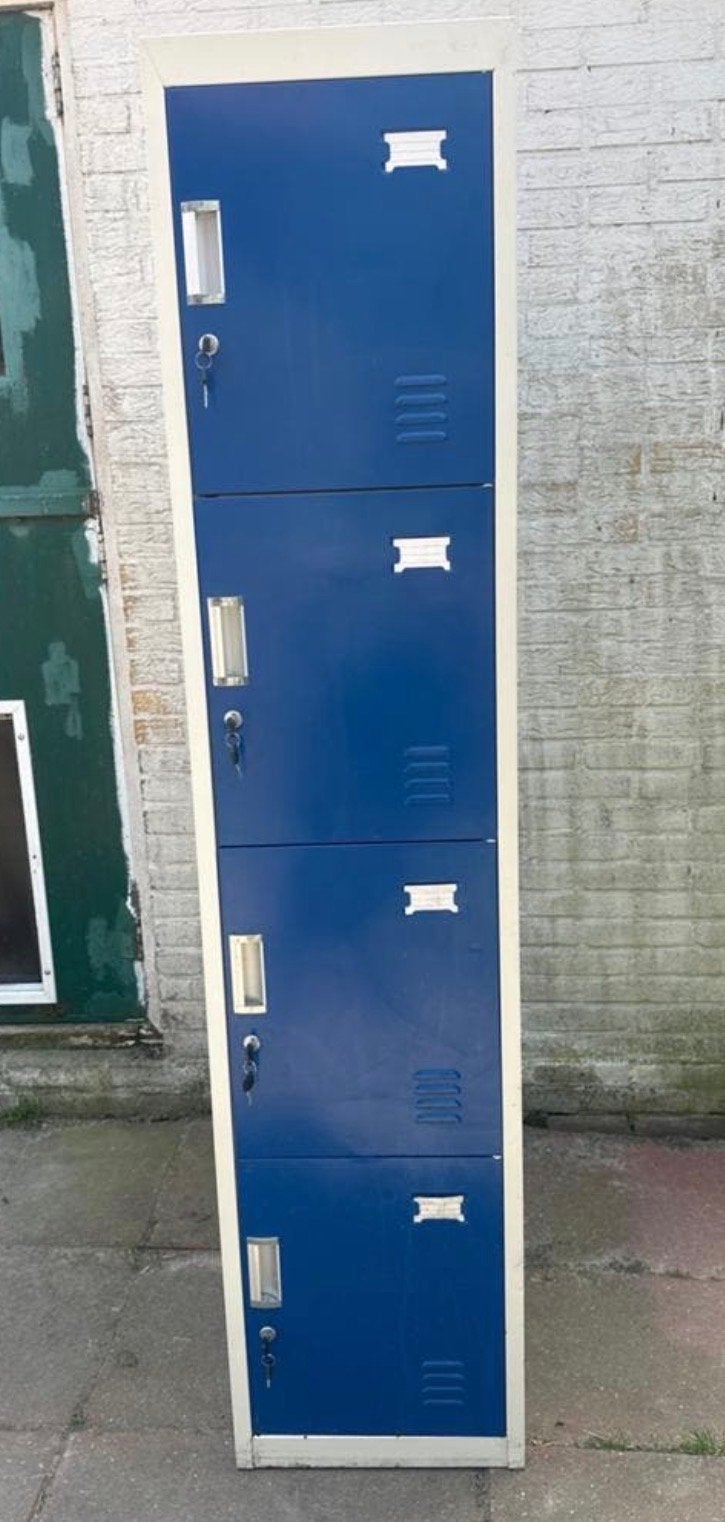 Stalen lockerkast met 4 afsluitbare vakken - Blauw/Wit, Ophalen of Verzenden, Gebruikt