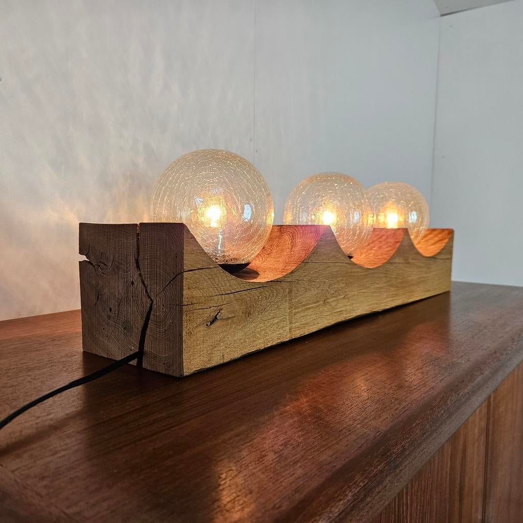 Vintage tafellamp hout, glazen bollen, Gebruikt, Vintage, Ophalen of Verzenden, Minder dan 50 cm