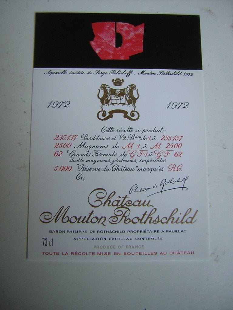 Origineel Chateau Mouton Rothschild Wijn Etiket 1972, Frankrijk, Nieuw, Ophalen of Verzenden, Rode wijn
