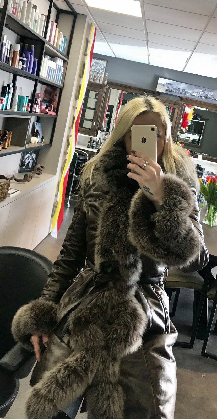 Luxe Leren Jas met echte Bontkraag en Manchetten, Kleding | Dames, Ophalen, Zo goed als nieuw, Maat 36 (S), Bruin