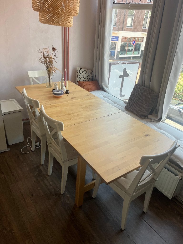 Ikea uitschuifbare eettafel van massief beuken in Groningen, Ophalen, Gebruikt, 50 tot 100 cm, Vijf personen of meer