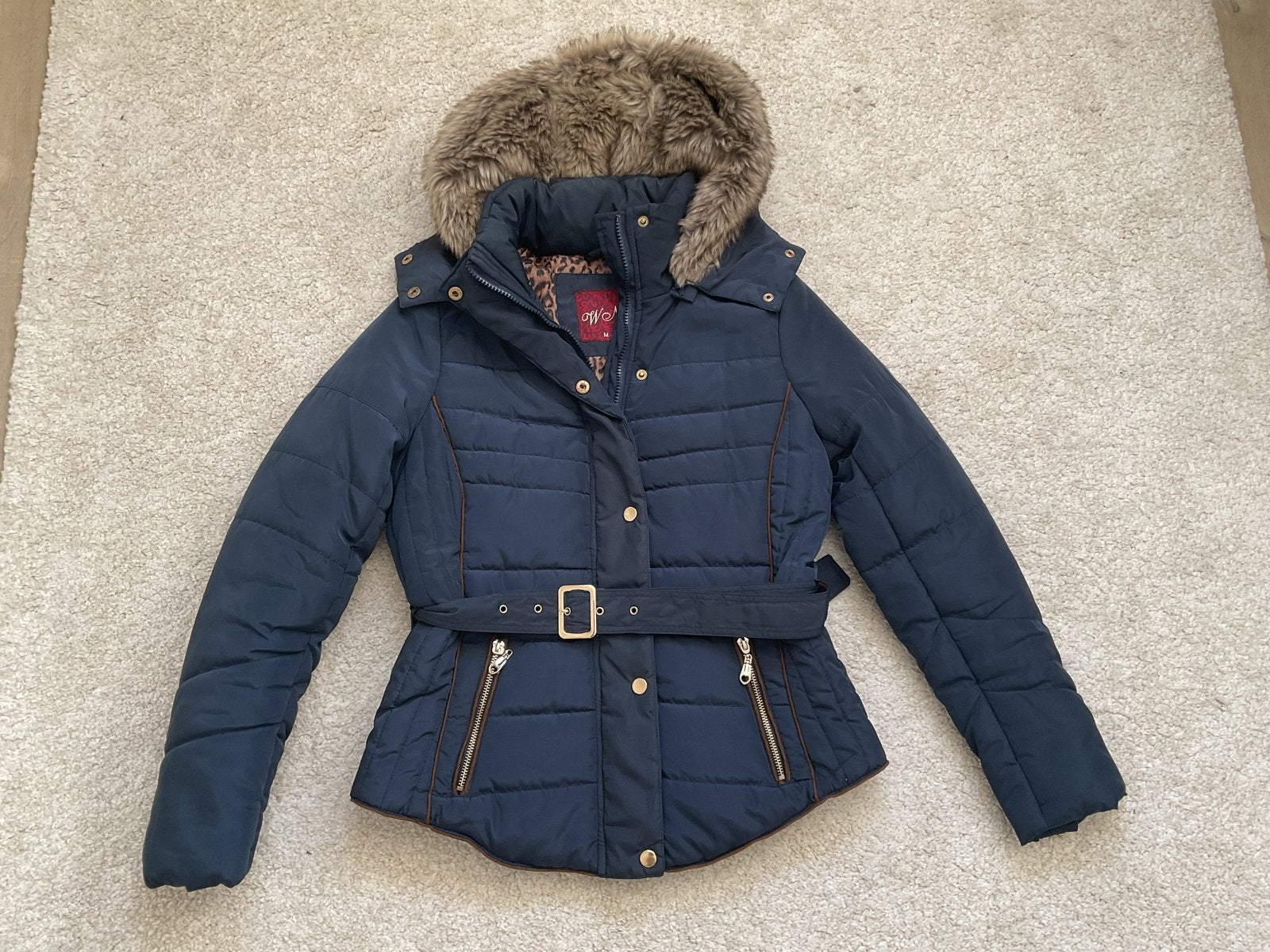 Donkerblauwe winterjas met bontkraag.maat S/M, Ophalen of Verzenden, Zo goed als nieuw, Maat 36 (S), Blauw