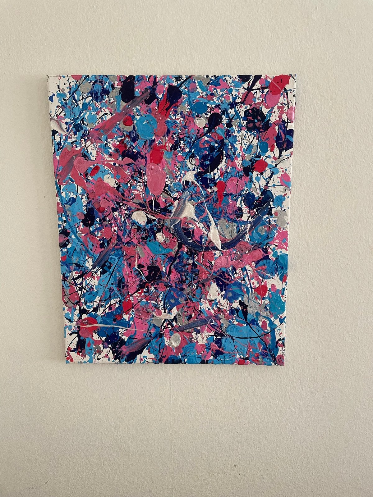 Abstract Spatterschilderij in Roze, Blauw en Zilver, Ophalen of Verzenden