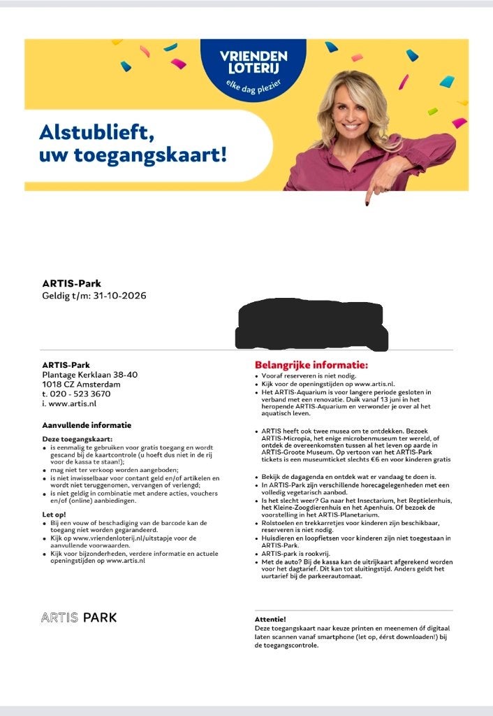 4 Toegangskaarten Artis Park Amsterdam, Tickets en Kaartjes, Recreatie | Dierentuinen, Drie personen of meer, Ticket of Toegangskaart