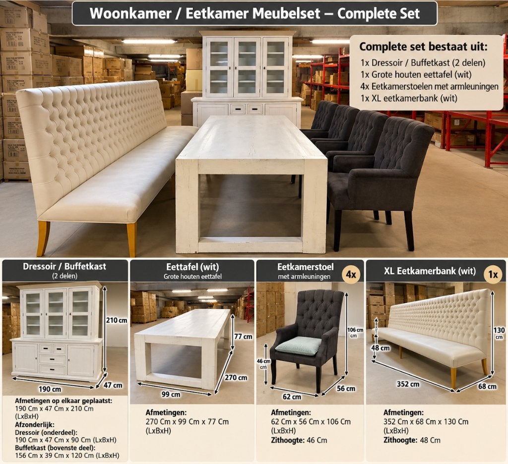 Foto 3 van Complete XL Eetkamerset: Tafel, Bank, Buffetkast & 4 Stoelen