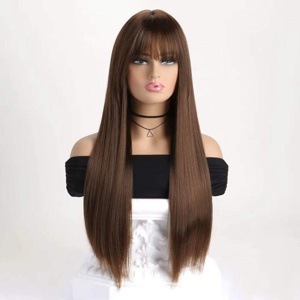 Bruine Dames Pruik Met Pony 66cm, Verzenden, Nieuw, Pruik of Haarverlenging