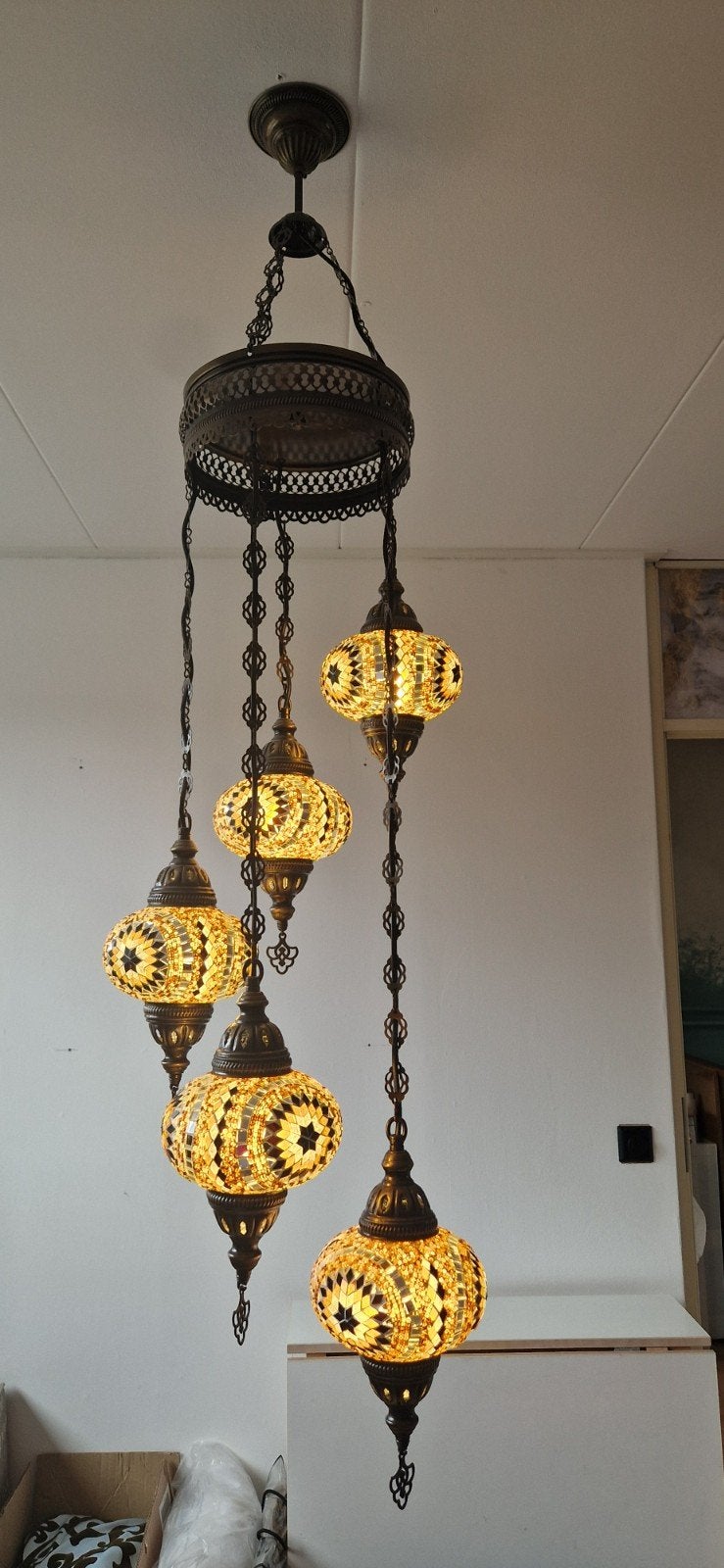 Oosterse hanglamp met 5 sfeervolle mozaïek bollen, Ophalen, Gebruikt, Glas, Oosters, Mozaïek