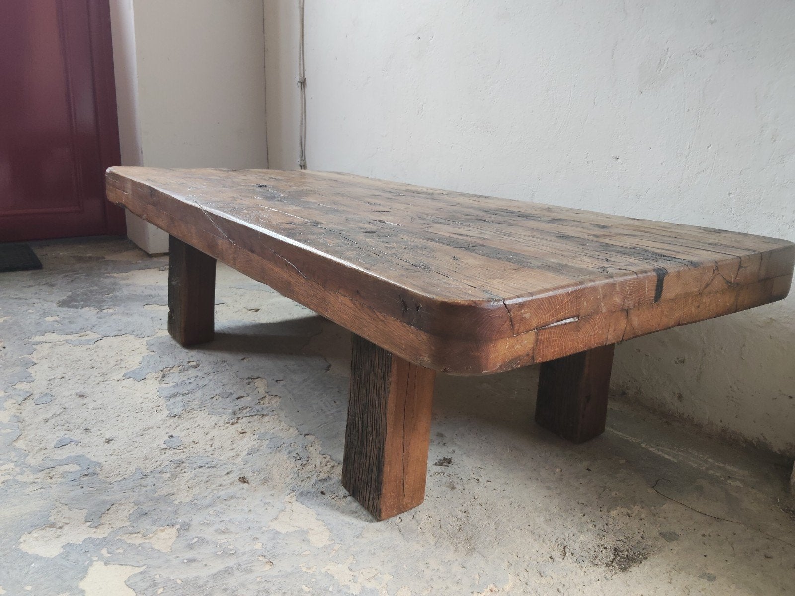 Rustieke houten bielzen salontafel - uniek en handgemaakt, Ophalen, Gebruikt, 100 tot 150 cm, 50 tot 100 cm