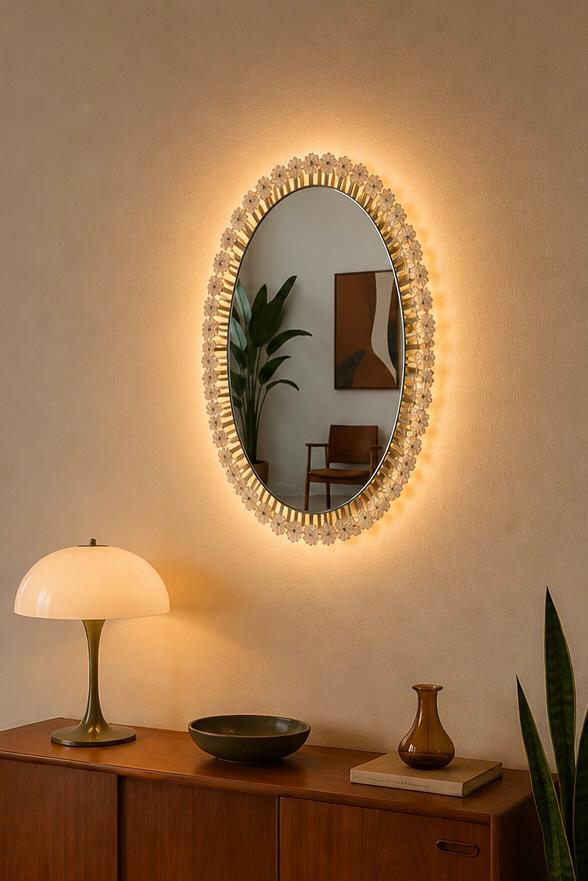 Vintage design spiegel verlichting Rupert Nikoll jaren 50/60, Ophalen, Gebruikt, Minder dan 100 cm, Ovaal