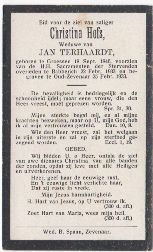 Christina Hofs 1846 Groessen + 1933 Babberich, 86 jaar, Verzamelen, Verzenden
