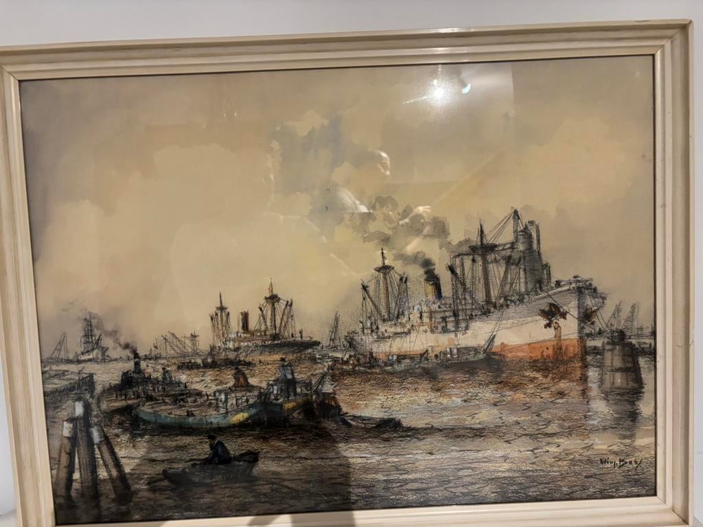 Schilderij Wim Bos Haven van Rotterdam, Antiek en Kunst, Kunst | Schilderijen | Klassiek, Ophalen of Verzenden