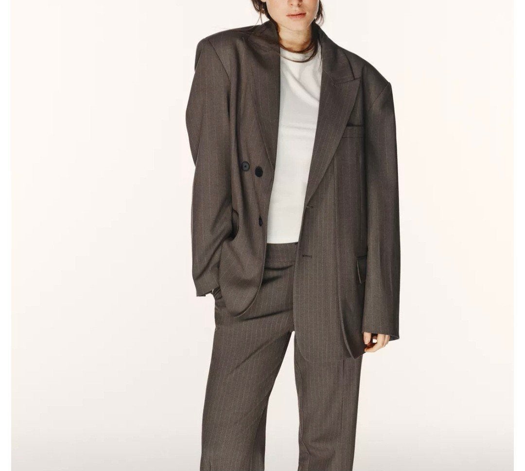 Zara oversized Blazer bruin streep double stof voorpand M/ L, Bruin, Zara, Maat 42/44 (L), Ophalen of Verzenden