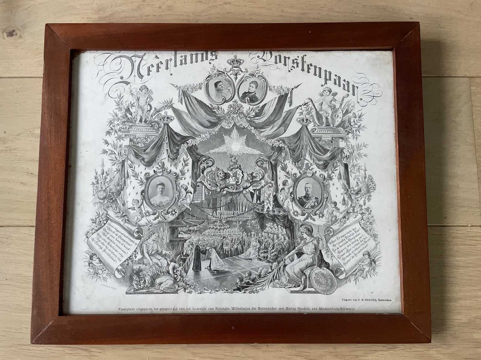 Feestplaat Neerlands Vorstenpaar J.M. Bredee Rotterdam, Antiek en Kunst, Kunst | Etsen en Gravures, Ophalen, Dagelijks leven, 1800 - 1899