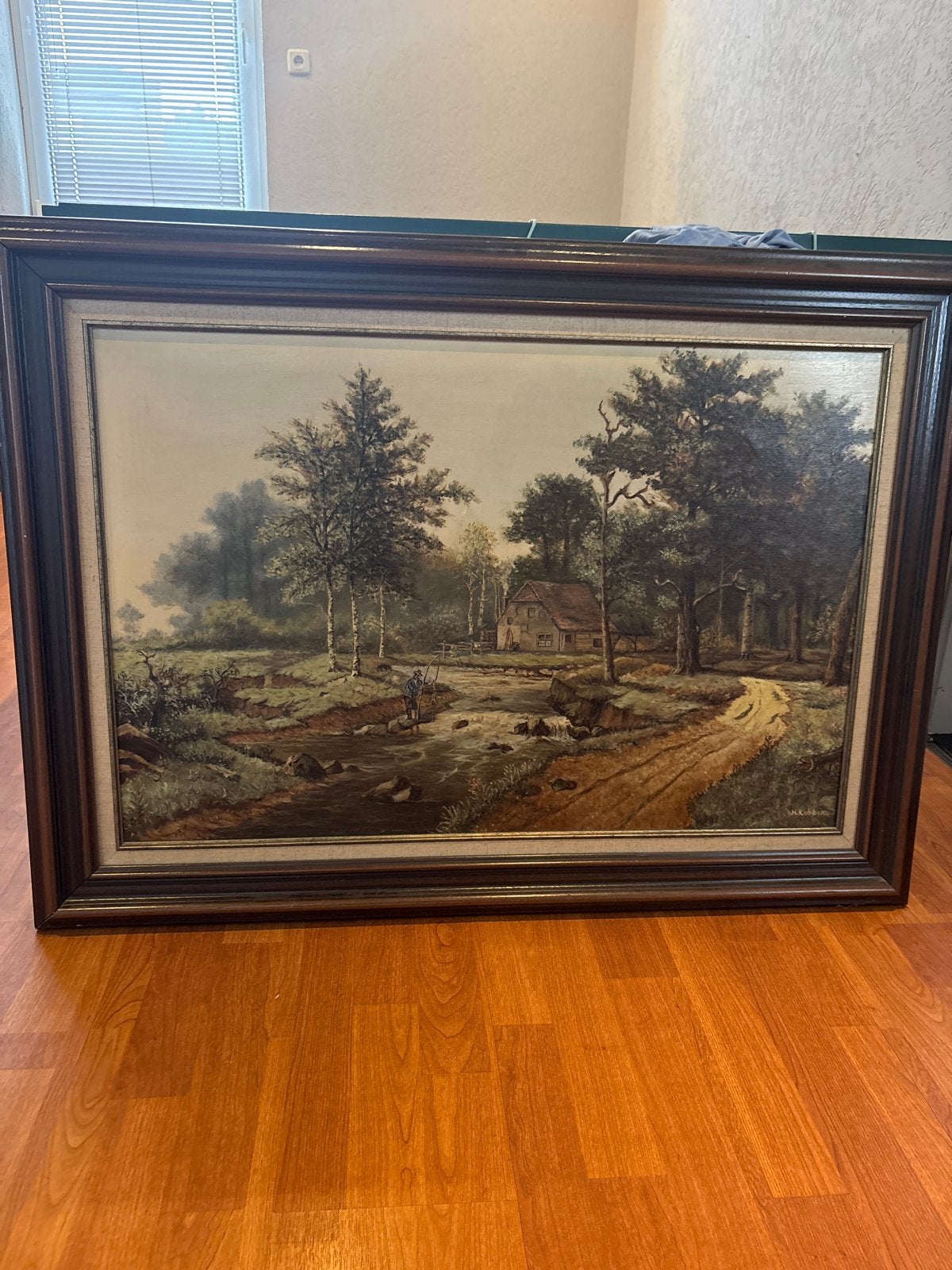 Schilderij H. Kobben - Boslandschap met beek en huisje, Ophalen
