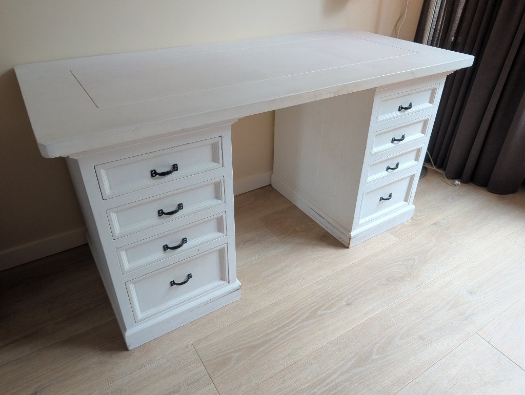 Riviera Maison bureau wit massief hout 150x70 cm 8 lades, Overige typen, Gebruikt, 150 cm, Hout