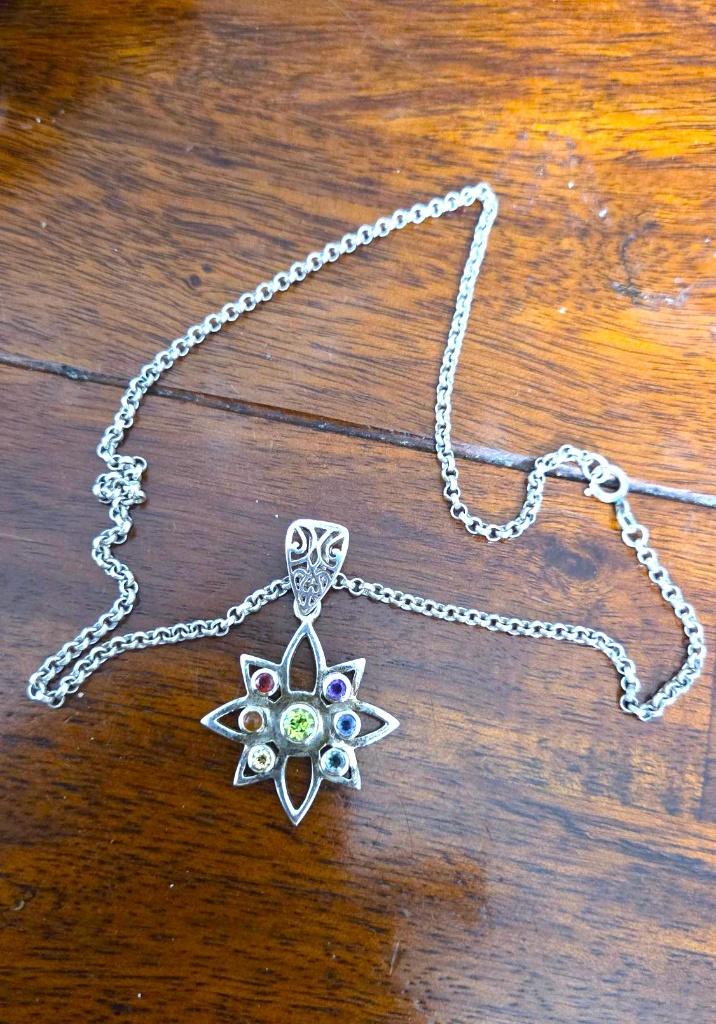 Zilveren 925 hanger 7 EDELSTENEN + zilv 925 JASSERON ketting, Ophalen, Met edelsteen, Zo goed als nieuw, Zilver