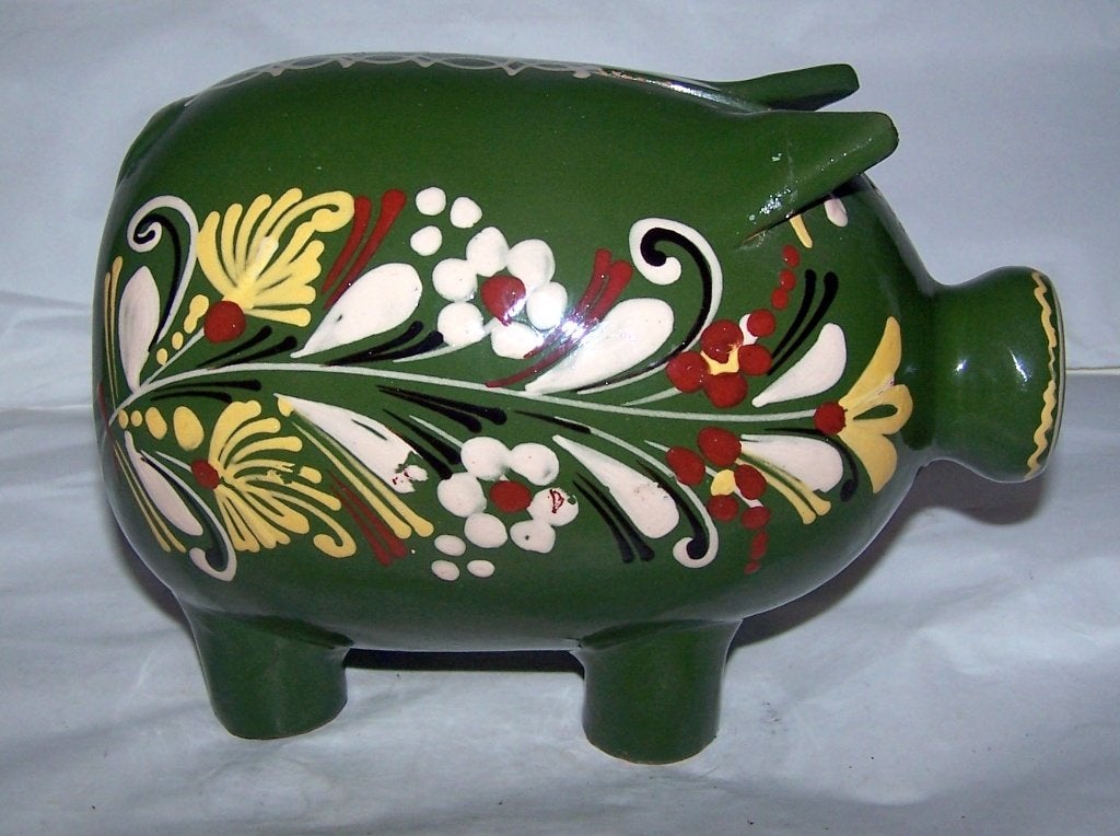 Vintage Hongaars Majolica spaarvarken  met bloemdecor. Izgs., Antiek en Kunst, Ophalen of Verzenden