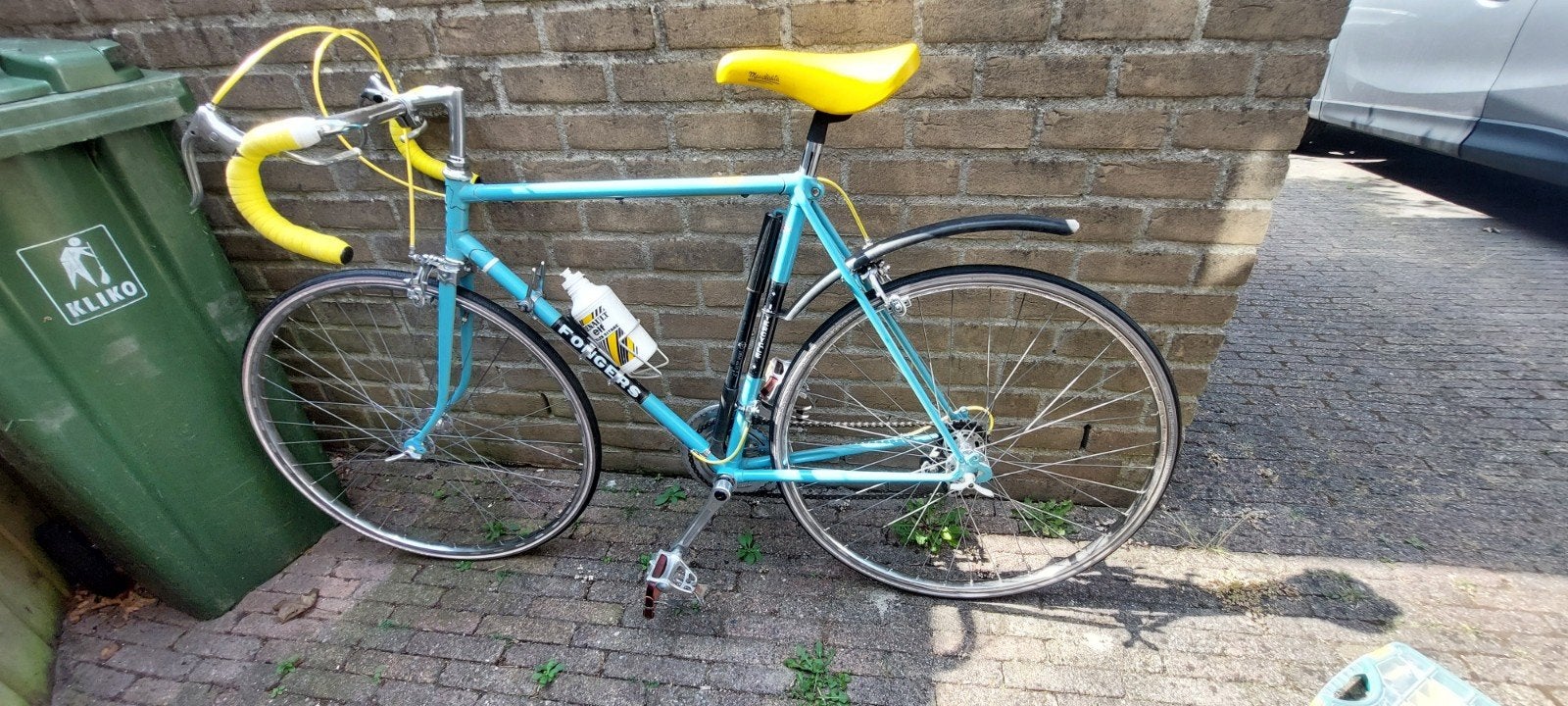 Vintage Fongers racefiets - Lichtblauw met gele accenten, Fietsen en Brommers, Fietsen | Racefietsen, Ophalen