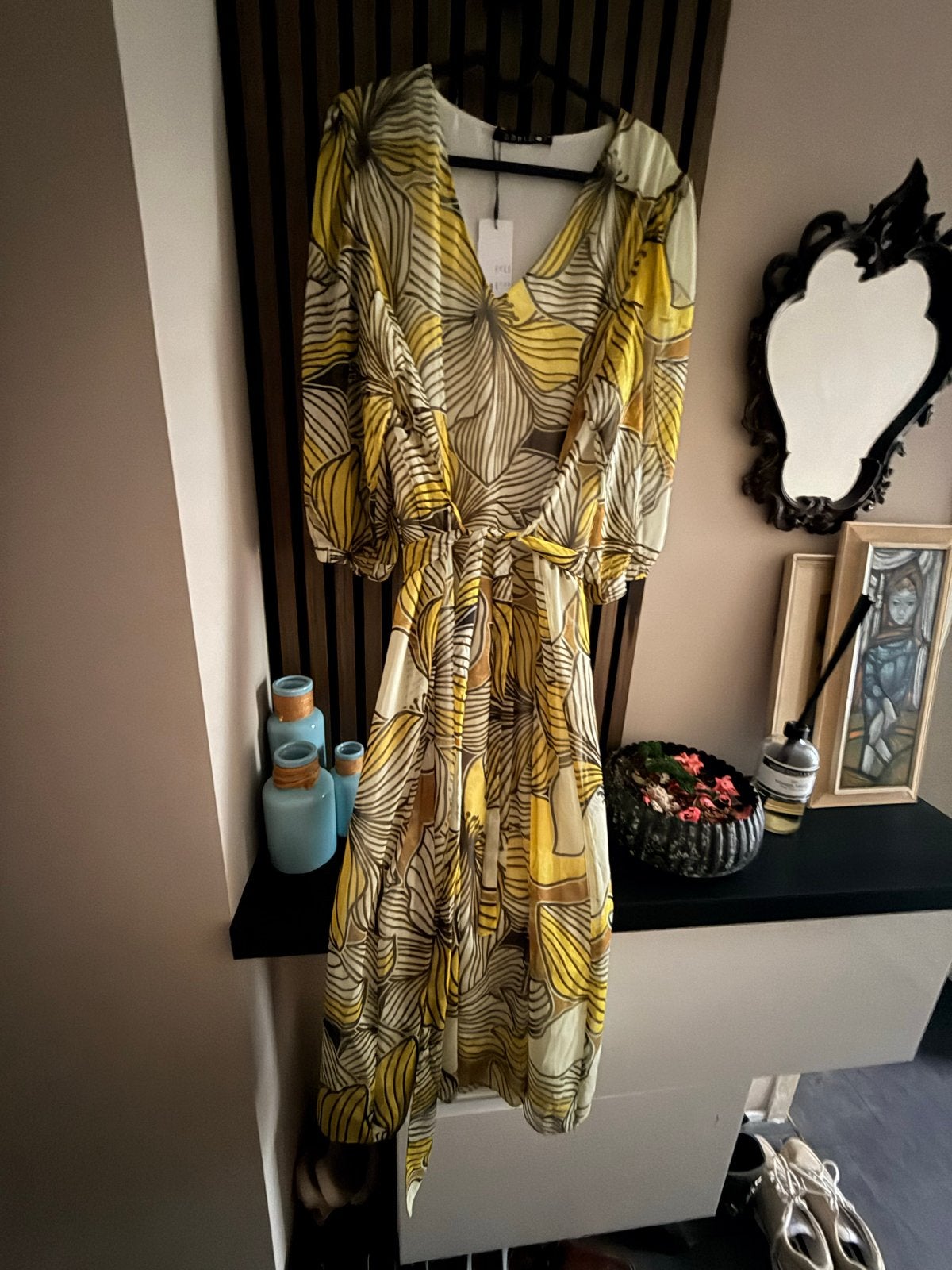 Nieuwe Label dot jurk met bloemenprint - Maat 42, Kleding | Dames, Geel, Maat 42/44 (L), Nieuw, Ophalen of Verzenden