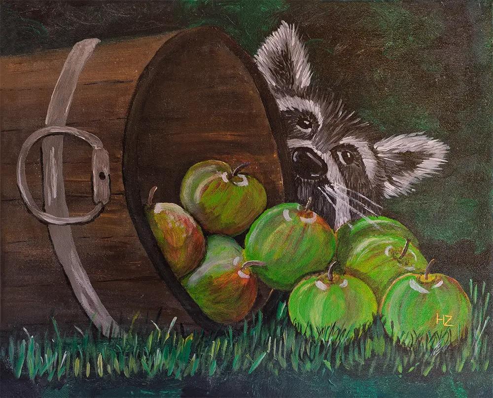 Raccoon met appels Handgeschilderd acrylschilderij, 40x50cm., Oorspronkelijke maker, Nieuw, Ophalen of Verzenden, Schilderij