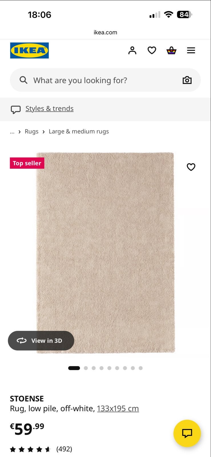 IKEA STOENSE Vloerkleed, laagpolig, gebroken wit, 100 tot 150 cm, Ophalen of Verzenden, Zo goed als nieuw, Crème