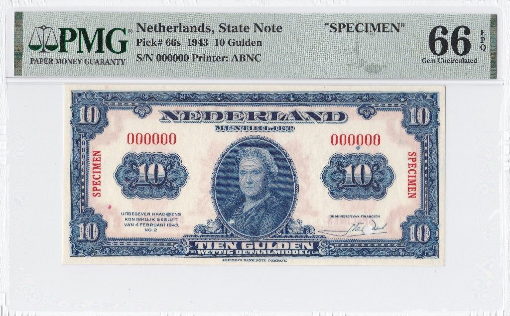 Nederland - 10 Gulden 1943 Specimen - Pick 66s - PMG 66, Ophalen of Verzenden, 10 gulden, Los biljet
