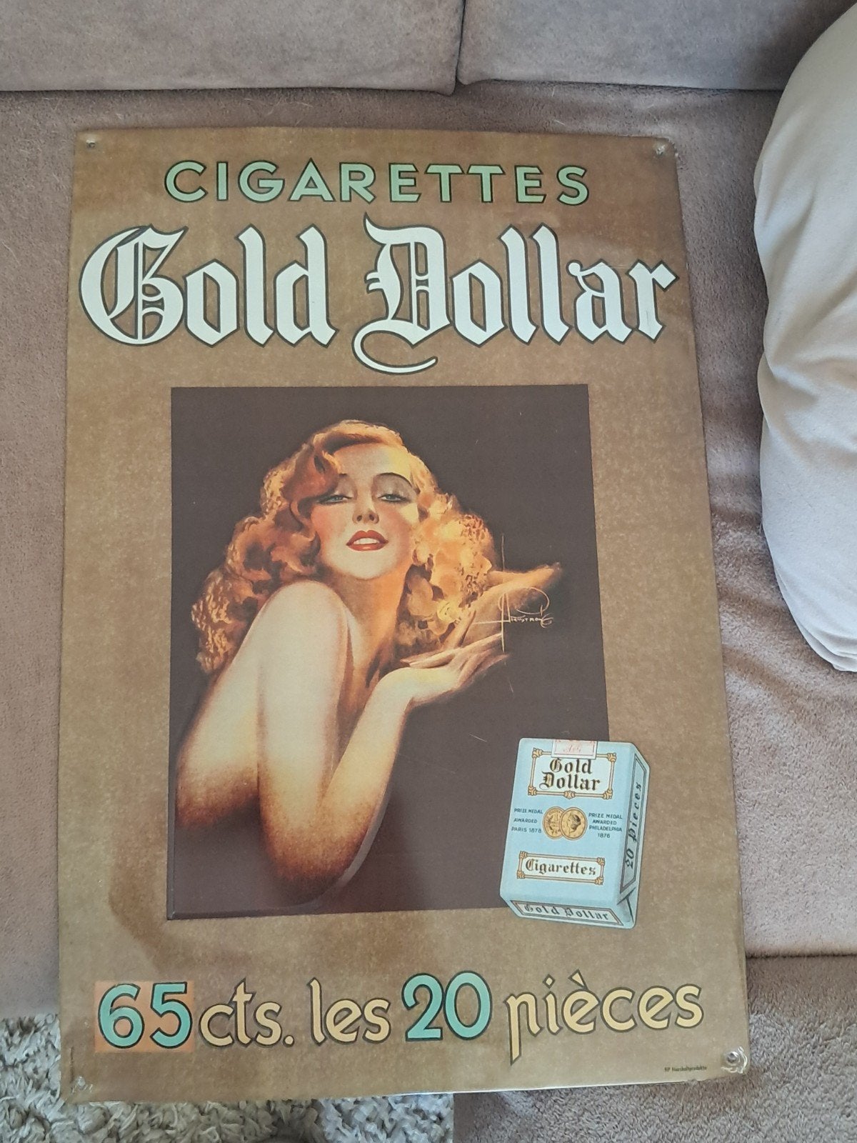 Vintage reclame bord: Gold Dollar sigarettenrecmalebord, Ophalen of Verzenden, Gebruikt, Tabaksdoos of Verpakking