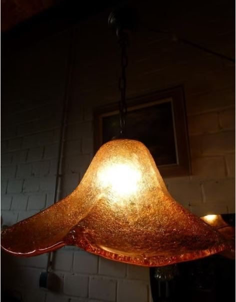 vintage Murano hanglamp amber bernstein mid-century, Ophalen, E27 (groot), Zo goed als nieuw, Glas