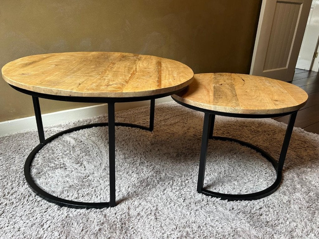 set van 2 mango houten salontafeltjes, Ophalen, Gebruikt, 50 tot 100 cm, Rond
