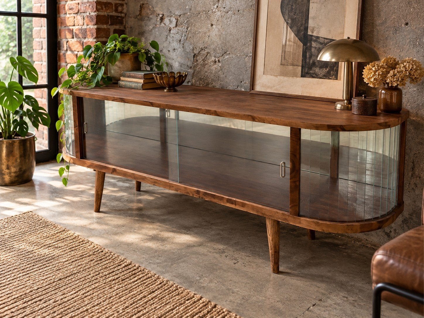 Vintage Dressoir / Vitrinekast Jaren 60/70 Noten Fineer, Ophalen, Huis en Inrichting