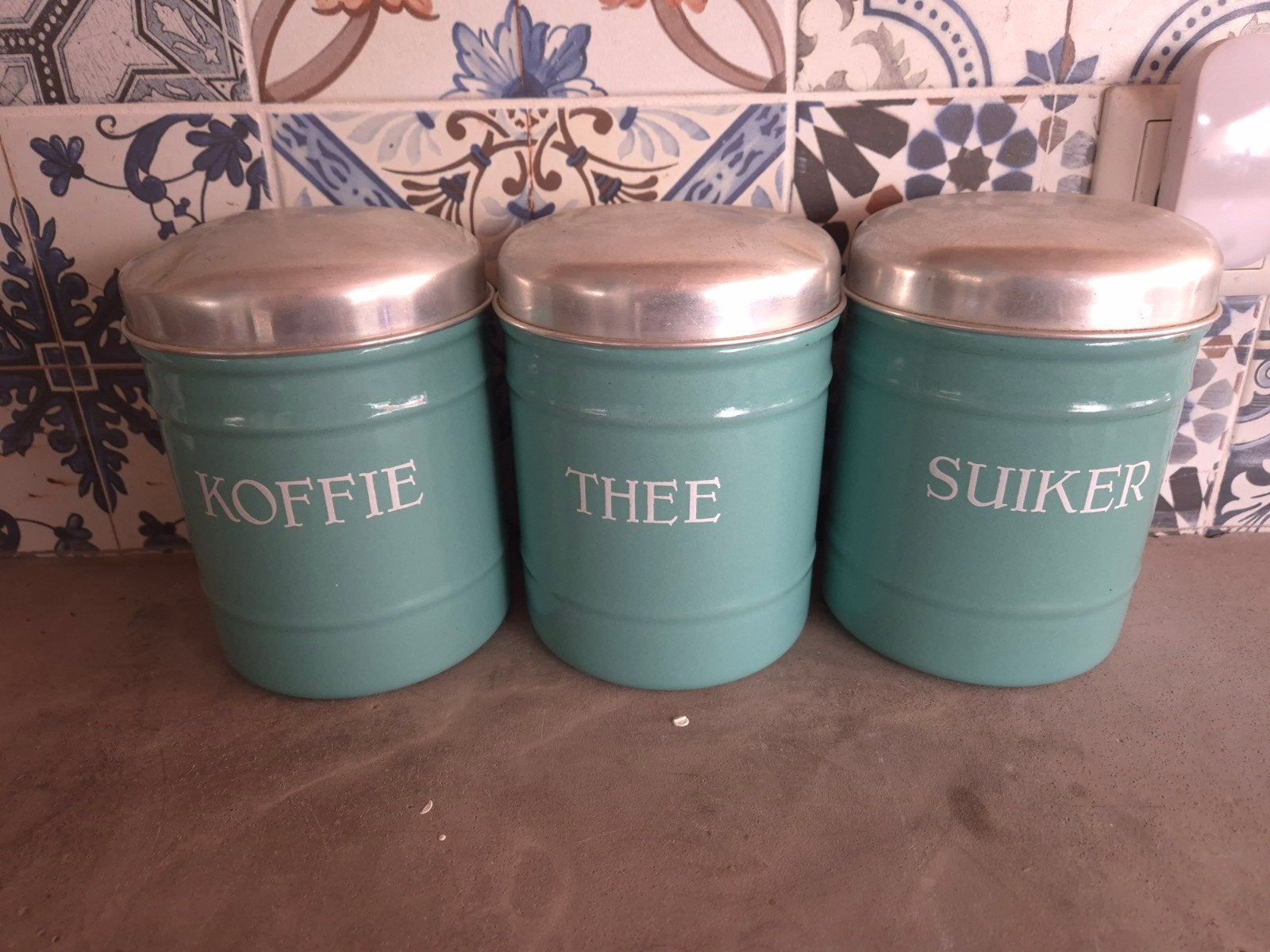 Emaille bussenset koffie, thee & suiker Turquoise., Ophalen of Verzenden