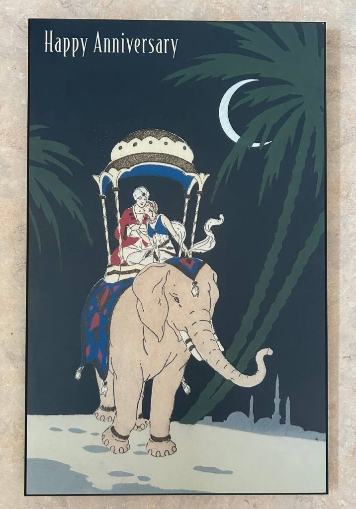 Kunst op hout olifant-maan-palmboom-India- Happy Anniversary, Antiek en Kunst, Ophalen, Hout, Dieren
