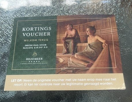 Kortingsbon Hezemeer Belgie, Tickets en Kaartjes, Twee personen, Kortingsbon, Spa of Sauna